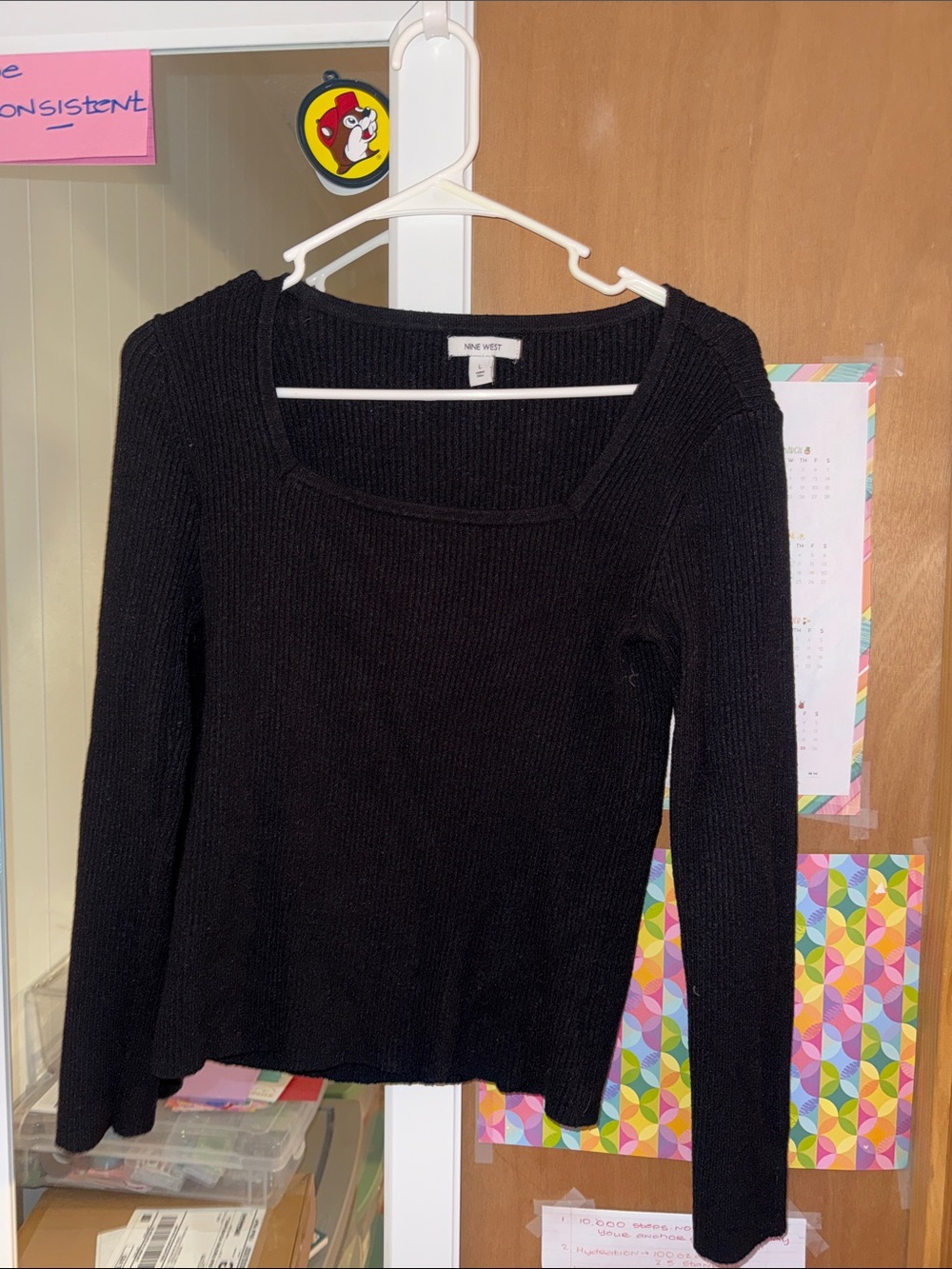 Nine West Black Ribbed Scoop Square-Neck Sweater